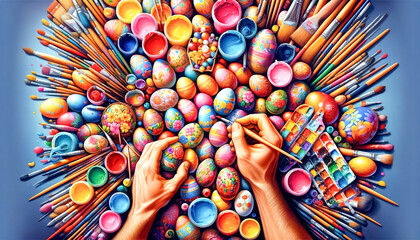 Fototapeta na wymiar Creative Hands Unite: A Vivid Easter Egg Painting Extravaganza