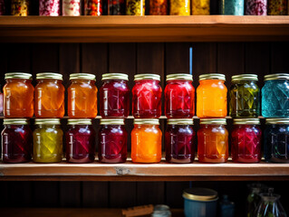 Colorful jam in glass jars on a shelf in a store.