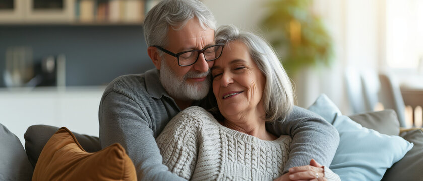 Senior Couple Embracing Each Other With Love in a Cozy Home Environment, Exuding Happiness and Contentment