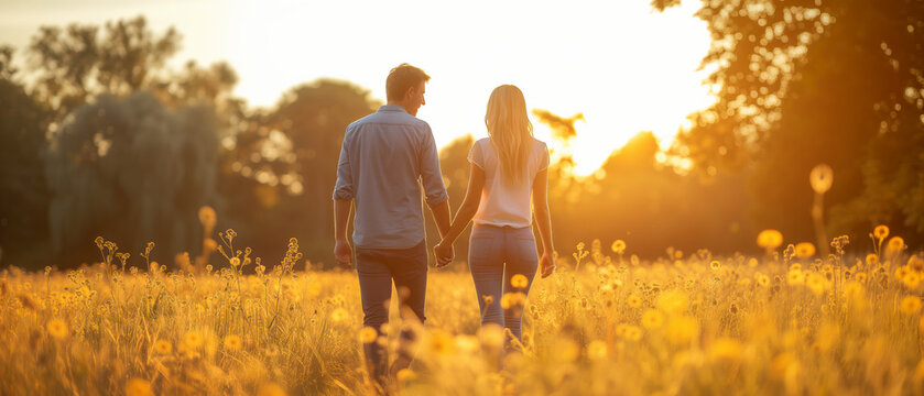 Golden Hour Romance: A Young Couple's Tranquil Stroll Through a Blooming Meadow at Sunset