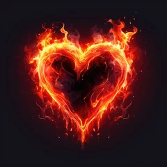 Fotobehang Burning heart on black background. Orange, yellow and red flame. Concept of love and passion. AI Generated  © Serhii