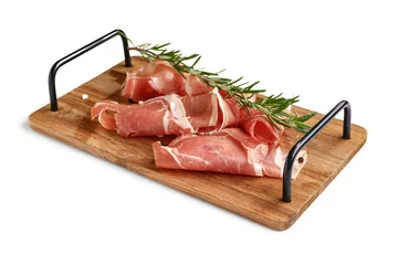 Foto op Plexiglas Wooden board with slices of tasty prosciutto and rosemary on white background © Pixel-Shot