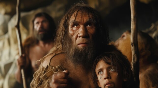 group of cavemen with ape features staring at the camera