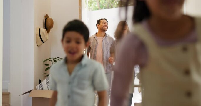 Family, new house and children running, walking and excited for moving in, mortgage and real estate at entrance. Interracial parents, mom and dad with kids in front door for dream home and property