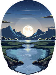 Night landscape with mountains, lake and moon. Vector illustration in retro style