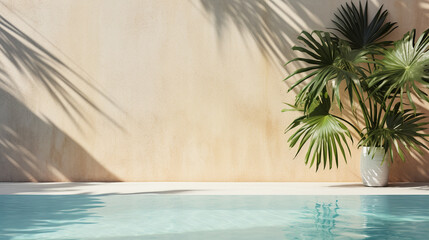 Tropical summer background with concrete wall pool water and palm leaf shadow