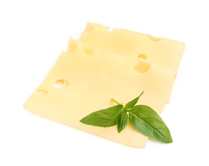 Tasty cheese slices and basil leaves on white background