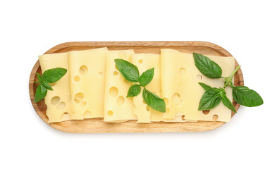 Wooden board with tasty cheese slices and basil leaves on white background