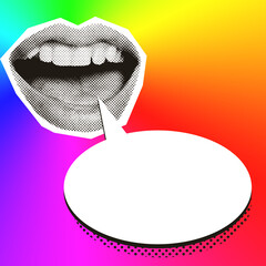 Halftone talking female mouth with speech bubble on rainbow gradient background. Square Contemporary digital collage pop art
