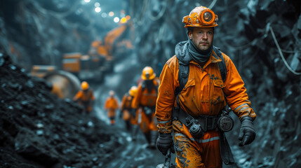 Fototapeta premium A miner clad in orange protective gear with a headlamp stands ready for work in the dimly lit tunnels of an underground mine.