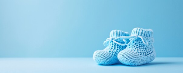 Cute knitted baby booties against a pastel blue background