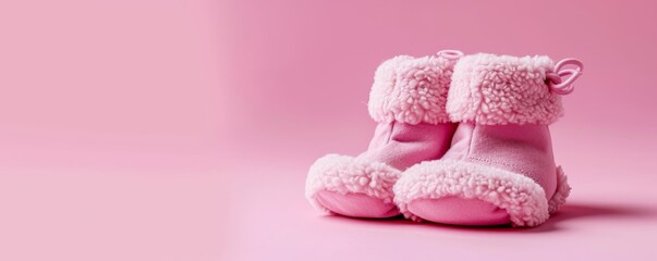 Fototapeta na wymiar Cute pair of knitted baby booties against a pink background with copy space