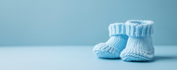 Fototapeta na wymiar Cute knitted baby booties against a pastel blue background