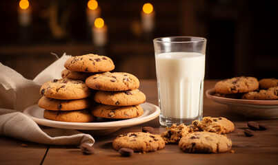 Obraz na płótnie Canvas Chocolate chip cookies and a glass of milk on a wooden table