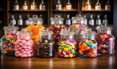 Fototapeta na wymiar Colorful candies in glass jars on a wooden shelf in a candy shop