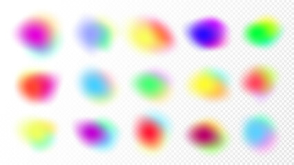 Gradient colored shapes. Abstract blurry fluid blods. Soft mesh gradation texture effect. Watercolor or holographic neon brush spots, glow multicolor sphere, vector illustration