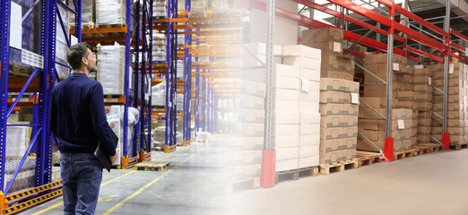 Distribution. Happy manager in warehouse, double exposure. Banner design