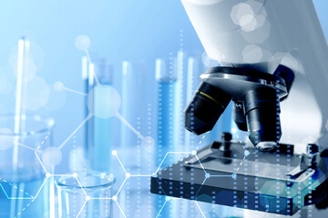 Microscope and different laboratory glassware. Scientific discovery