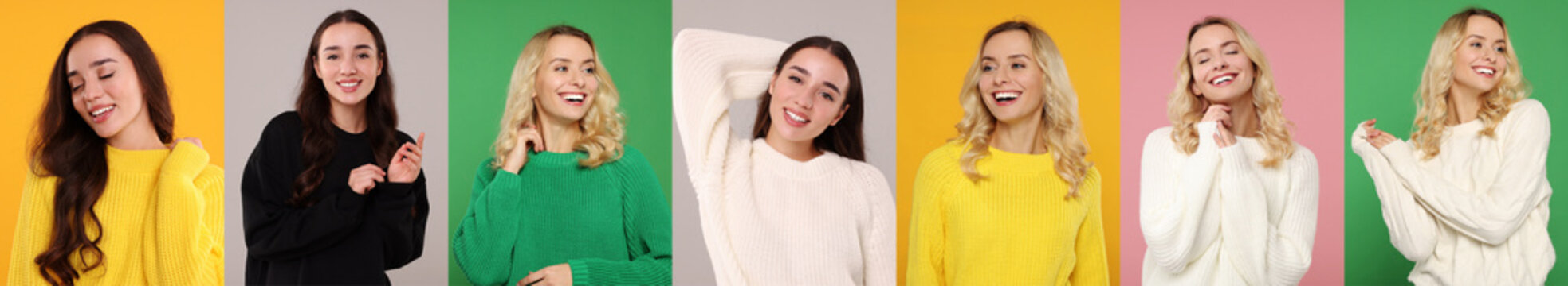 Happy women in warm sweaters on color backgrounds, set of photos