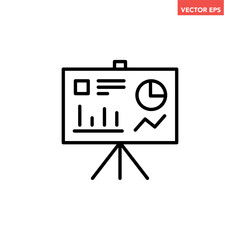 Black single presentation billboard board line icon, simple report projection screen flat design pictogram vector for app ads web banner ui ux interface element isolated on white background