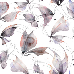 Watercolor butterfly seamless pattern. Abstract ethereal print with blue purple butterflies, black lines on white background. Hand drawn illustration.  - 728915244