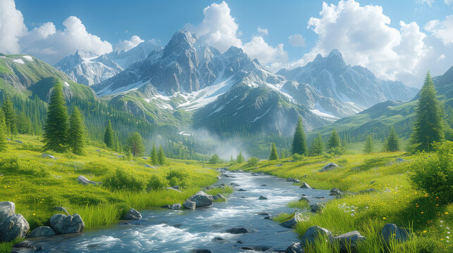  A river flows through a lush green valley with snow-capped mountains in the background.