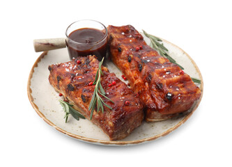 Tasty roasted pork ribs, sauce and rosemary isolated on white