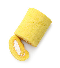 Delicious cake roll with cream filling isolated on white, top view