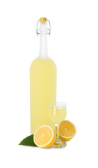 Tasty limoncello liqueur, halves of lemon and green leaf isolated on white