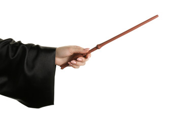 Wizard holding magic wand on white background, closeup