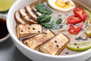 Delicious vegetarian ramen with tofu cheese in bowl, closeup