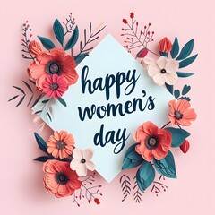 Happy Women's Day 8 March sign with flowers on pink background. International Womens Day message .Greeting card concept
