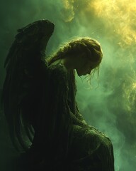 A sad female angel with dark wings and green background. 