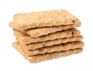Stack of cereal crackers with flax and sesame seeds isolated on white