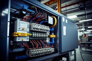 An intricate view of a power factor correction capacitor in an industrial setting, surrounded by complex machinery and electrical wiring systems