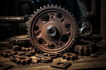 A close-up view of a rusted sprocket wheel, resting on an old wooden table, surrounded by scattered nuts and bolts in a dimly lit industrial workshop