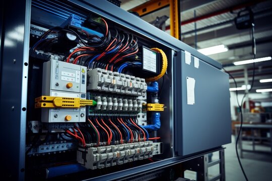 An intricate view of a power factor correction capacitor in an industrial setting, surrounded by complex machinery and electrical wiring systems