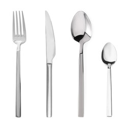 Silver fork, knife and spoons isolated on white, top view