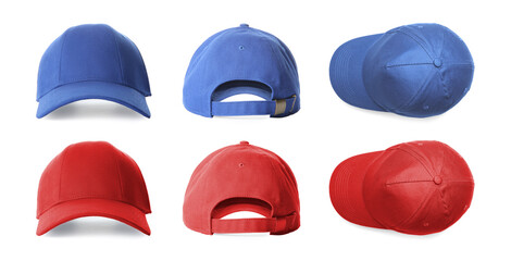 Stylish baseball caps isolated on white, set with top, back and front views