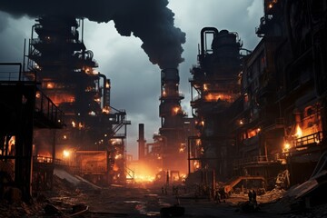 A panoramic view of a bustling coke oven, with workers in protective gear, amidst a backdrop of towering smokestacks under a dusky sky - obrazy, fototapety, plakaty