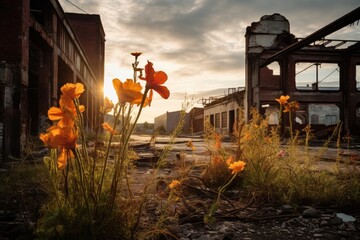 A stunning juxtaposition of industrial might and natural beauty as vibrant blooms burst forth against a backdrop of weathered factories under a dramatic sky - obrazy, fototapety, plakaty