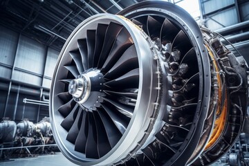 Close-up View of a Powerful Jet Engine, Showcasing the Intricate Details of its Turbofan and Turboprop Components Against an Industrial Background