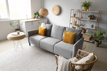 Interior of light living room with cozy grey sofa, chair and houseplants