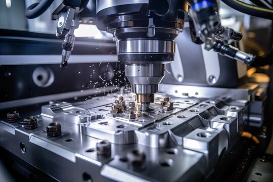 A sophisticated CNC milling machine in action, meticulously crafting precision parts in a bustling industrial environment with a background of engineers at work