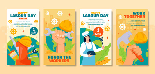 Labour Day Social Media Stories Flat Cartoon Hand Drawn Templates Background Illustration