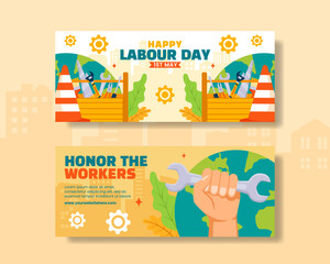 Labour Day Horizontal Banner Flat Cartoon Hand Drawn Templates Background Illustration