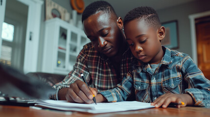 Father helping son doing homework
