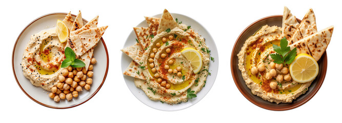 Delicious humus collection with pita breed pieces over isolated transparent background