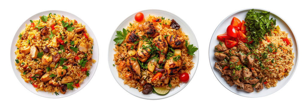 Maqluba rice collection with chicken and meat over white transparent background