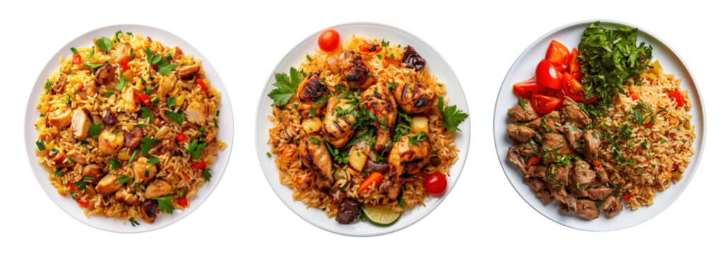 Maqluba rice collection with chicken and meat over white transparent background